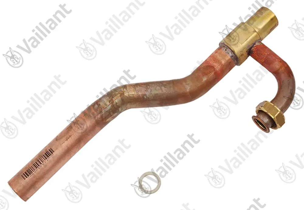 Kupferrohr von Vaillant mit einer gebogenen Form, einer Anschlussmutter und einer Dichtscheibe, geeignet für Heizungsanwendungen.